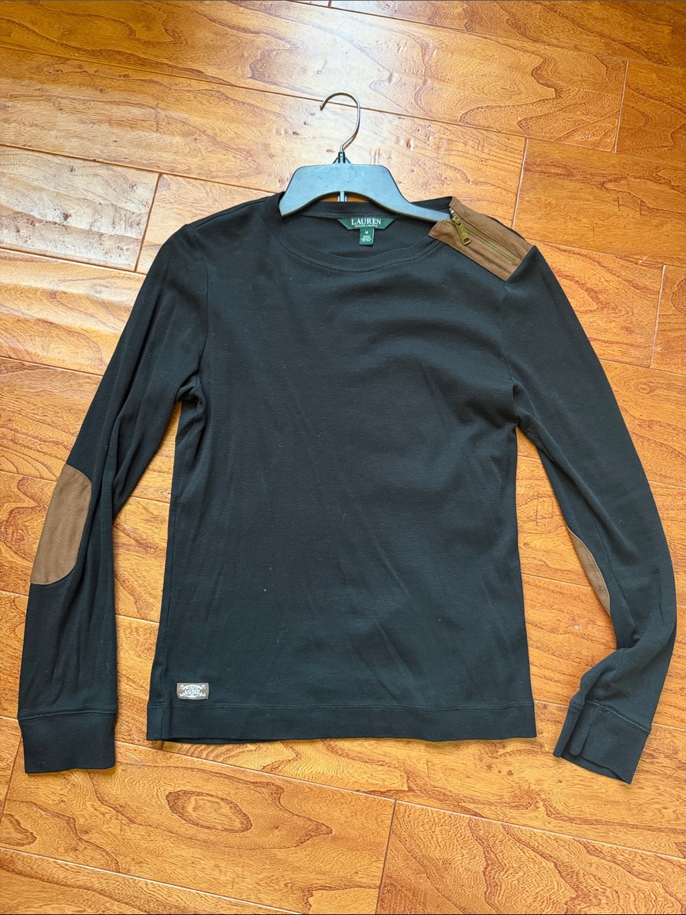 Lauren Ralph Lauren Black Long-Sleeve Top with Contrast Elbow Patches